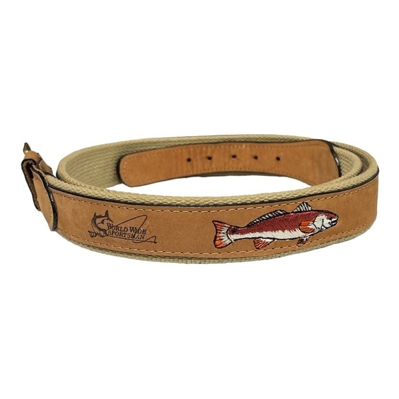 World Wide Sportsman Redfin Fish Belt Embroidered Full Grain Leather Canvas 42 - Picture 1 of 10
